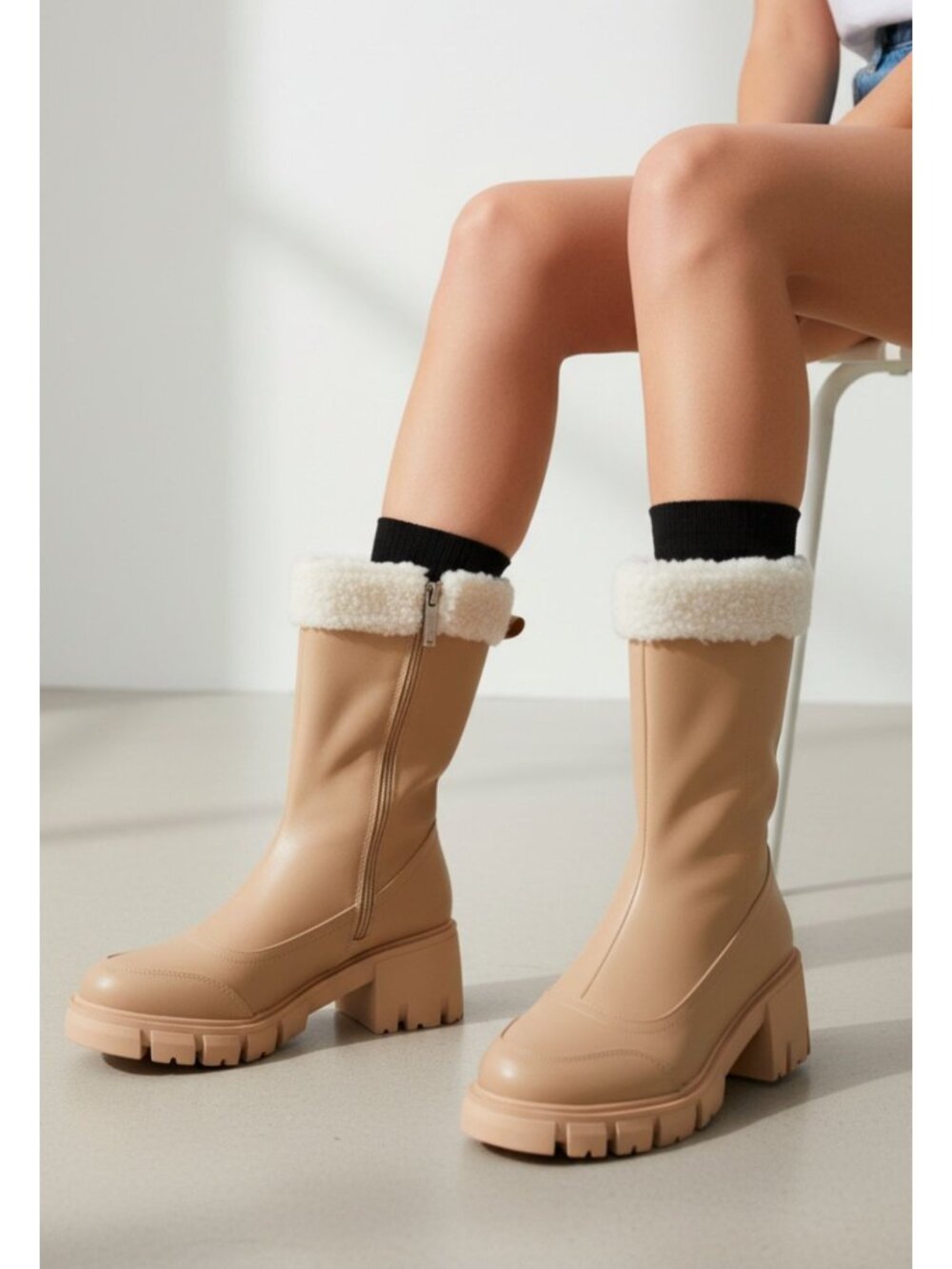 Chunky Sole Faux Leather Mid-Calf Boots With Shearling Trim Nude Color